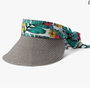 NWT Straw and floral fabric tie back visor hat by Badgley Mischka